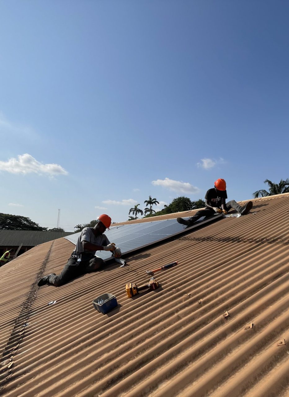 Solar panels are being installed on the roof